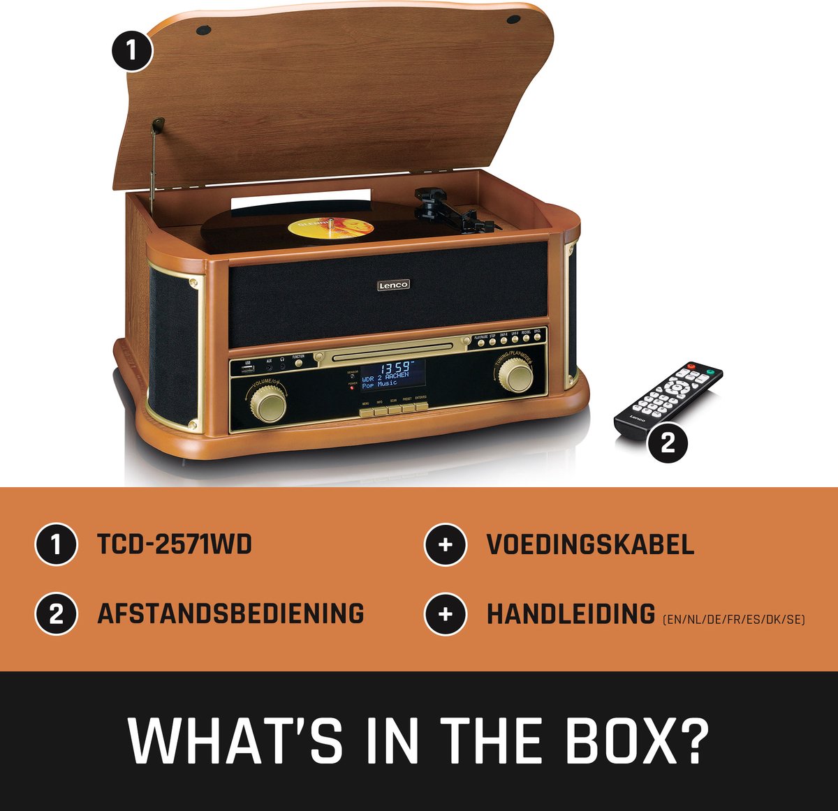 Lenco Classic Phono Retro Platenspeler - Bluetooth - Auto-stop - DAB Radio CD en Cassettespeler - TCD-2571WD - Hout