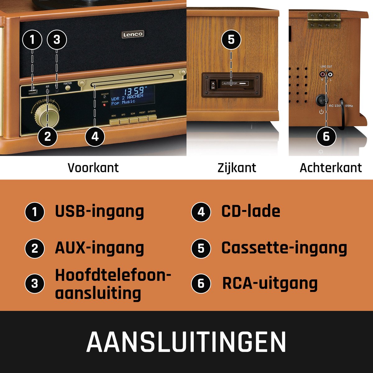 Lenco Classic Phono Retro Platenspeler - Bluetooth - Auto-stop - DAB Radio CD en Cassettespeler - TCD-2571WD - Hout - Afbeelding 3